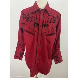 Alan Jackson Men L Pearl Snap Long Sleeve Shirt Western Pockets Red Embroidered